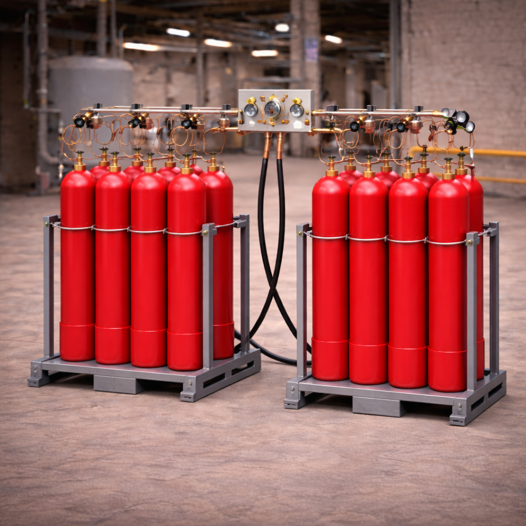 Перепускная газовая рампа с двумя группами красных газовых баллонов одного цвета, установленными на металлических рамах и соединёнными через общий распределительный коллектор с медными трубками, редукторами, манометрами и перепускным блоком в промышленном
