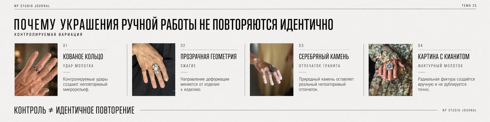 Почему украшения ручной работы не повторяются идентично — четыре NP Studio примера controlled variation