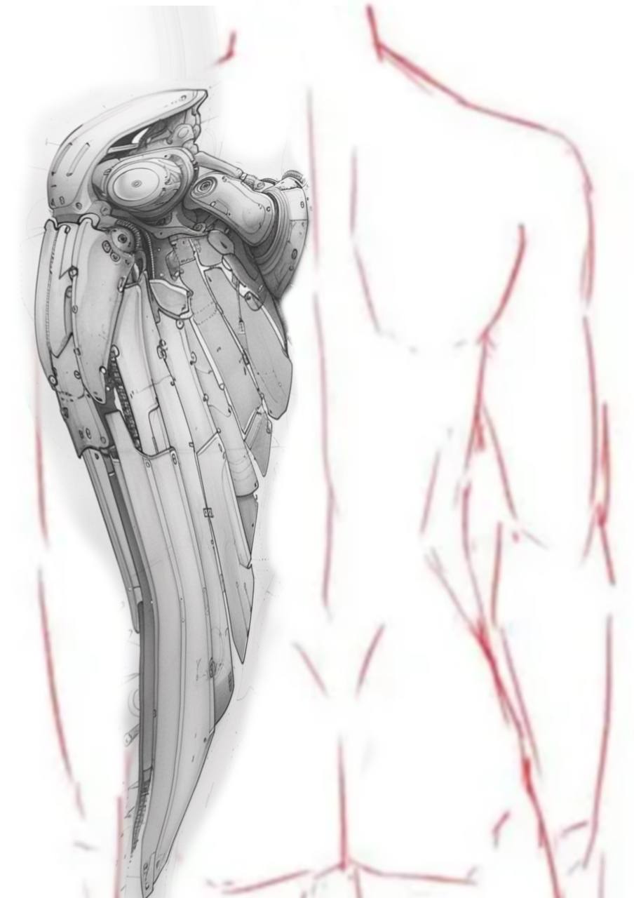 Biomechanical wing tattoo sketch and project for a back placement, featuring detailed robotic plates, gears, and futuristic engine components in a black and grey technical style. Los Angeles.