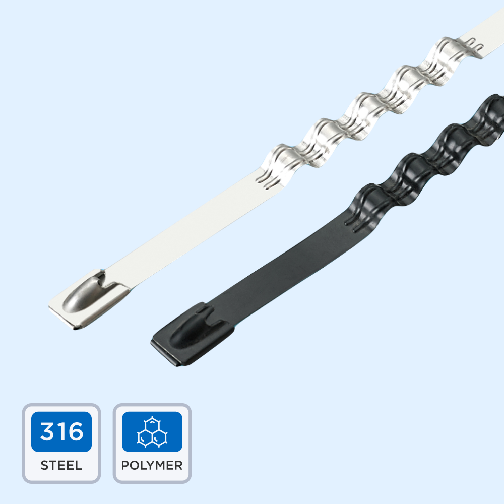 Хомут-стяжка ХСВ-01 AISI 304 с пружинной волной с полимерным покрытием