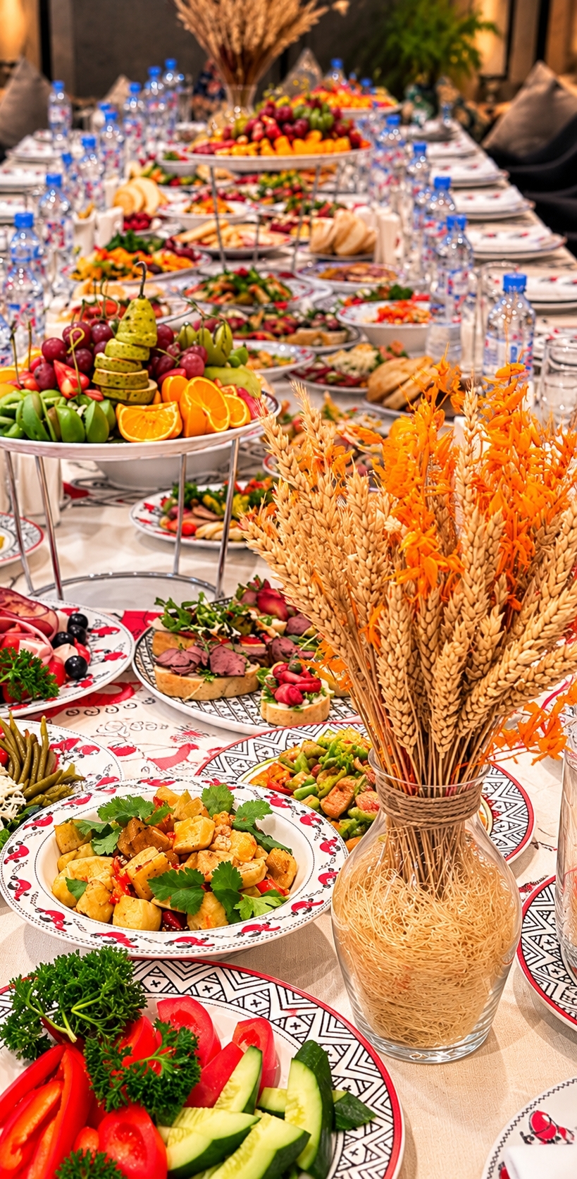 Накрытый стол с блюдами, фруктами и угощениями