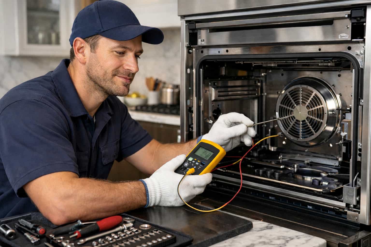Senior Sub-Zero specialist performing on-site diagnostic in Bay Area kitchen