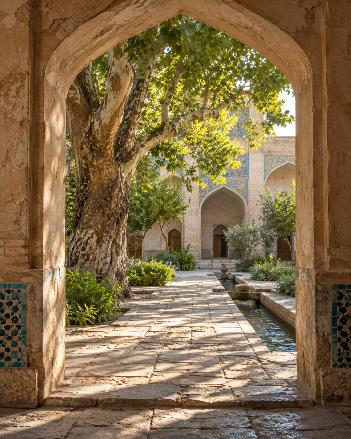 Атмосферная иллюстрация: тихий двор с деревом и водой за каменной аркой