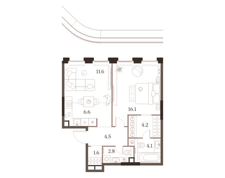 Планировка: 1-комнатная квартира 51,5 м² в ЖК «МУЗА», корпус 2, 2-й этаж