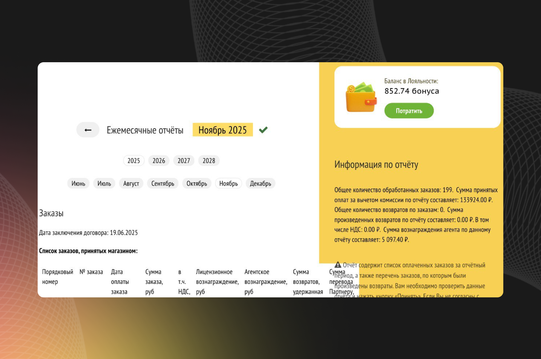 Ежемесячный отчёт по платежам в Prodamus с количеством заказов, суммой оплат и статистикой дохода