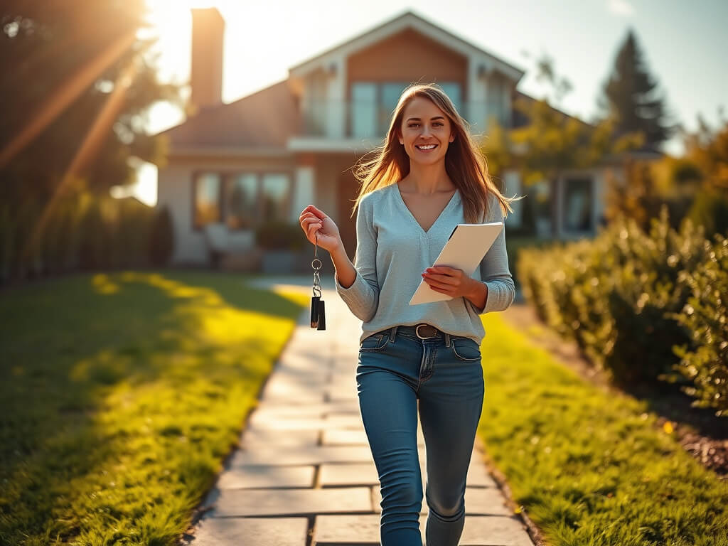 A young girl walks along a narrow path, her steps light and confident. In her hands, she tightly holds a set of keys, their metallic gleam reflecting the light of the setting sun. Her gaze is directed forward, and in the background, her home can be seen —