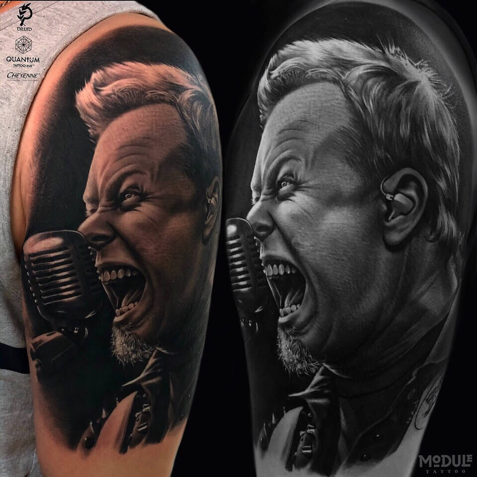 Tattoo on the shoulder, black and white realistic portrait of Metallica vocalist Hetfield