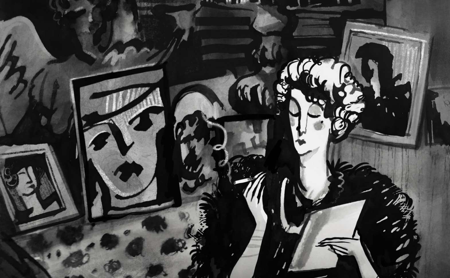 Графичная черно-белая сцена с женщиной в мехах среди художественных портретов – стильная журнальная иллюстрация.