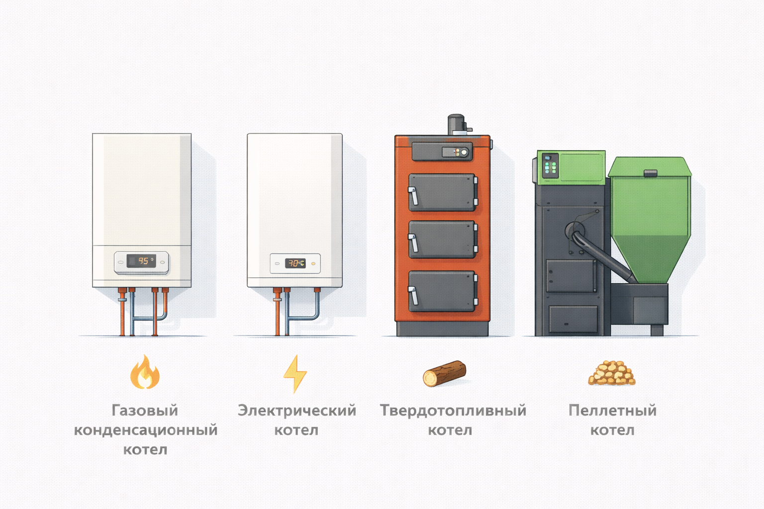 Виды котлов для частного дома — газовый, электрический, твёрдотопливный и пеллетный