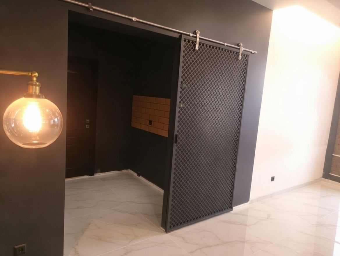 Элегантная раздвижная дверь в стиле лофт — сочетание индустриальной эстетики и современных технологий.  Видимые каретки из шлифованной нержавеющей стали создают эффектный акцент и подчёркивают конструктивную логику дизайна.  Створка, собранная на каркасе из стального уголка с заполнением стальной сеткой, сочетает прочность и визуальную лёгкость.  Высококачественное порошковое покрытие не только украшает, но и надёжно защищает металл, обеспечивая безупречную эксплуатацию в течение многих лет.