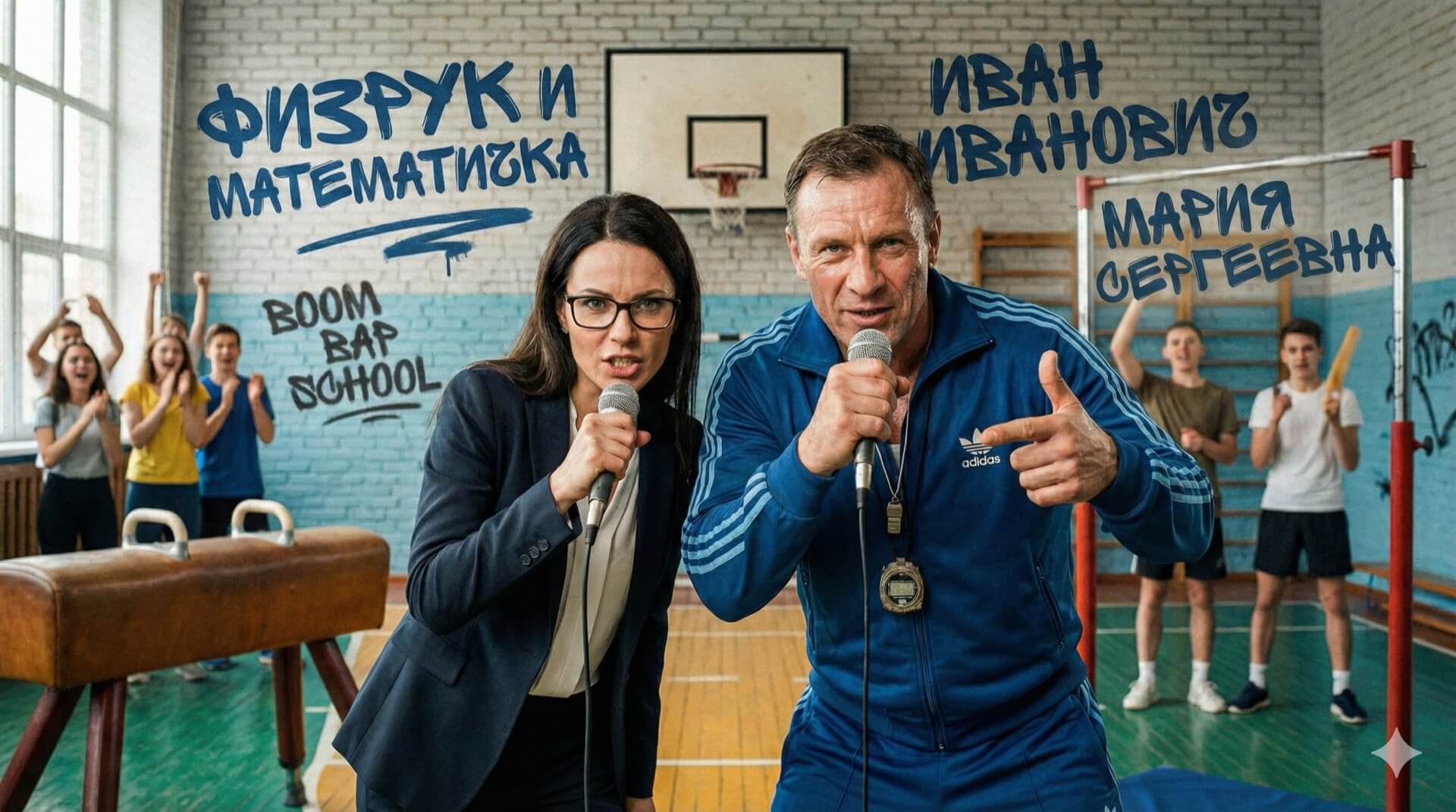 Физрук Иван Иванович в синем спортивном костюме и математичка Мария Сергеевна в деловом костюме с микрофонами читают рэп в школьном спортзале. На заднем плане ученики и надписи &amp;amp;amp;amp;amp;amp;quot;ФИЗРУК И МАТЕМАТИЧКА&amp;amp;amp;amp;amp;amp;quo