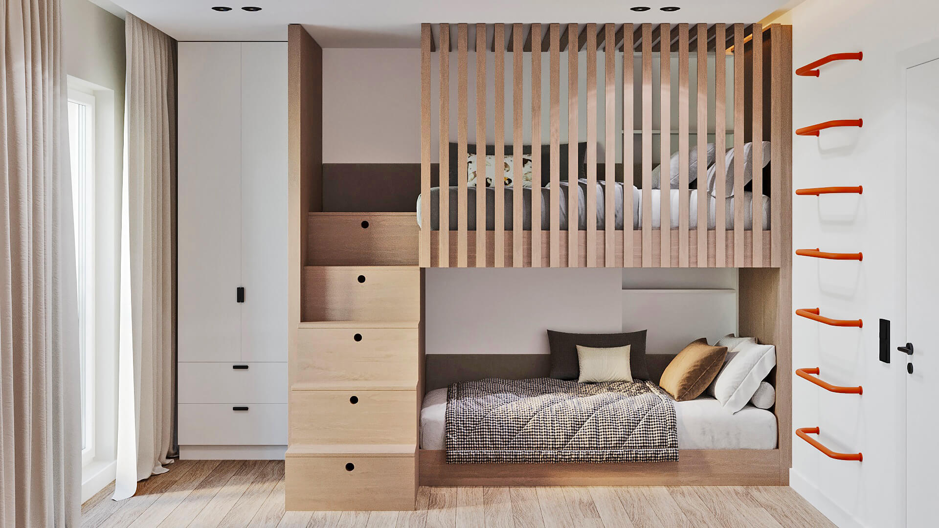 Chambre enfant moderne avec lits superposés en bois clair