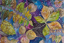 картина листья на шелке