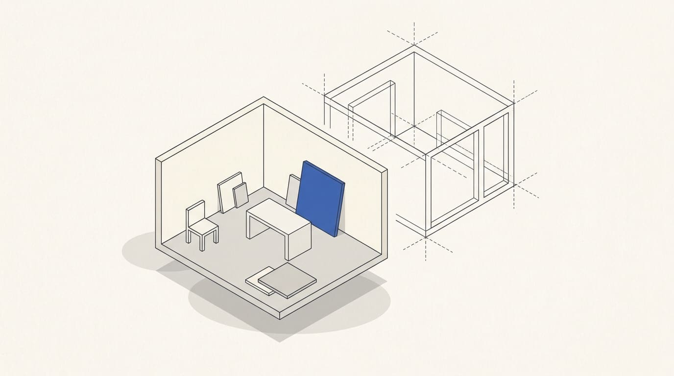 An open room model holds a chair, table and finish swatches, with a separate unfinished technical drawing frame behind it.