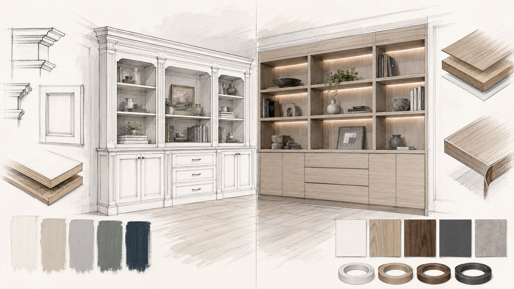 Architectural sketch comparing traditional painted built-ins with modern TFL cabinetry, material samples, trim profiles, and edge banding