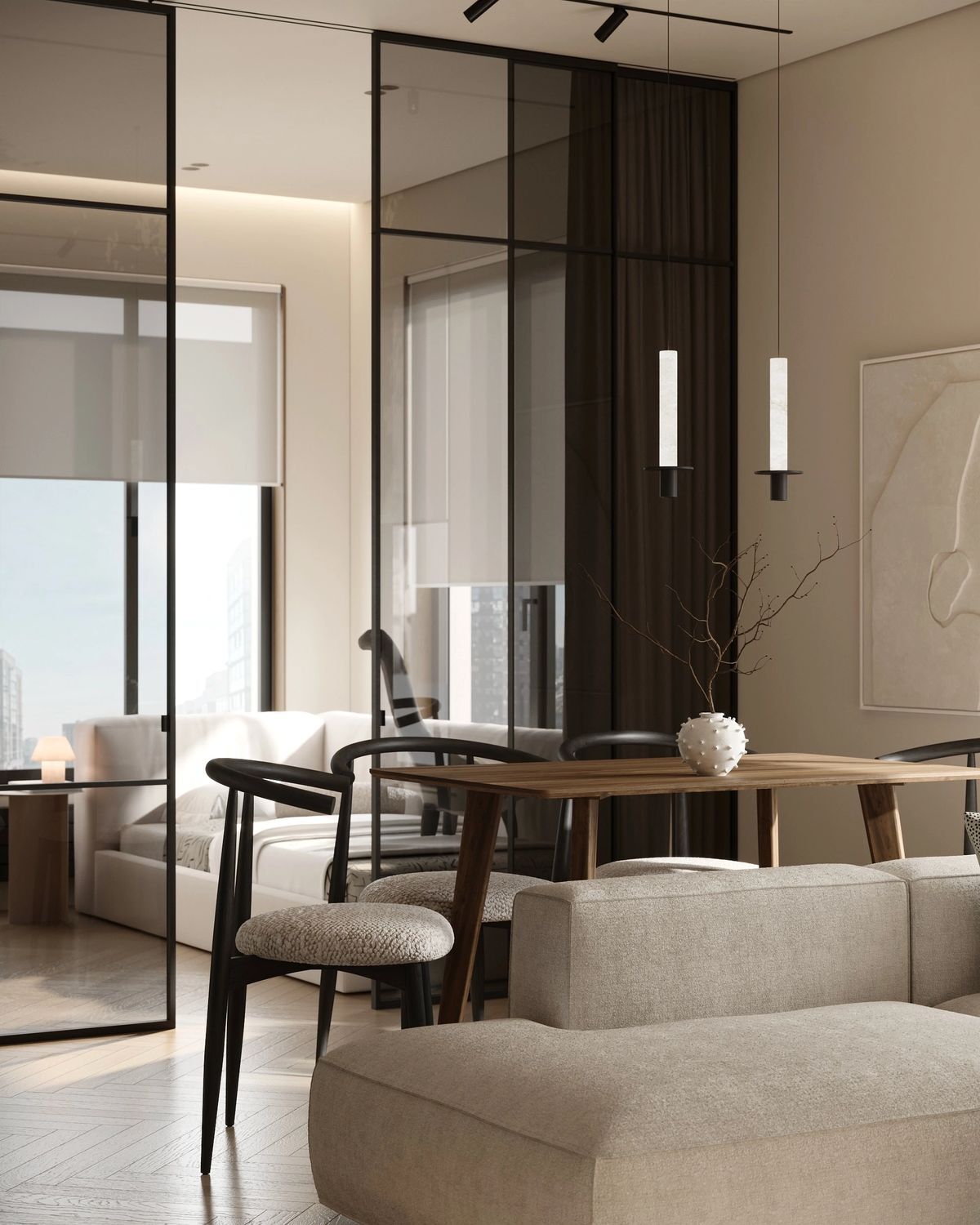 Многофункциональная гостиная со стеклянной перегородкой