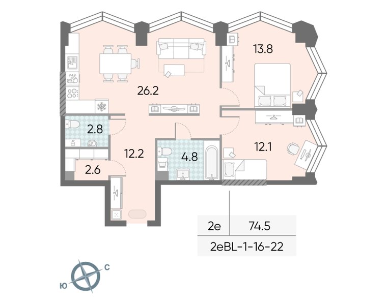 Планировка 2-комнатной евроквартиры 74,5 м² в доме «СПАРК» (ЗИЛАРТ): дом 21, 16-й этаж