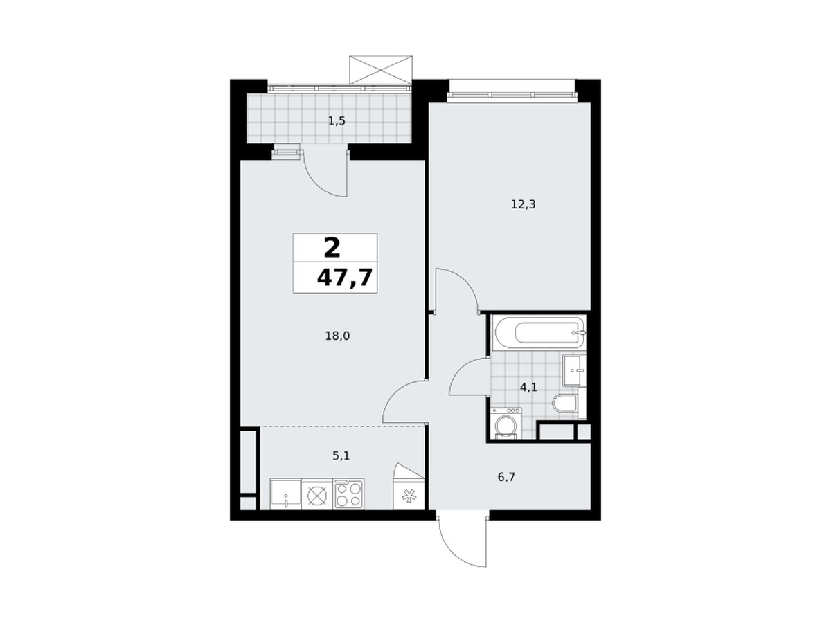 Планировка: 2-комнатная квартира 47,7 м² с кухней-гостиной, ЖК Прокшино, корпус 7.1.4
