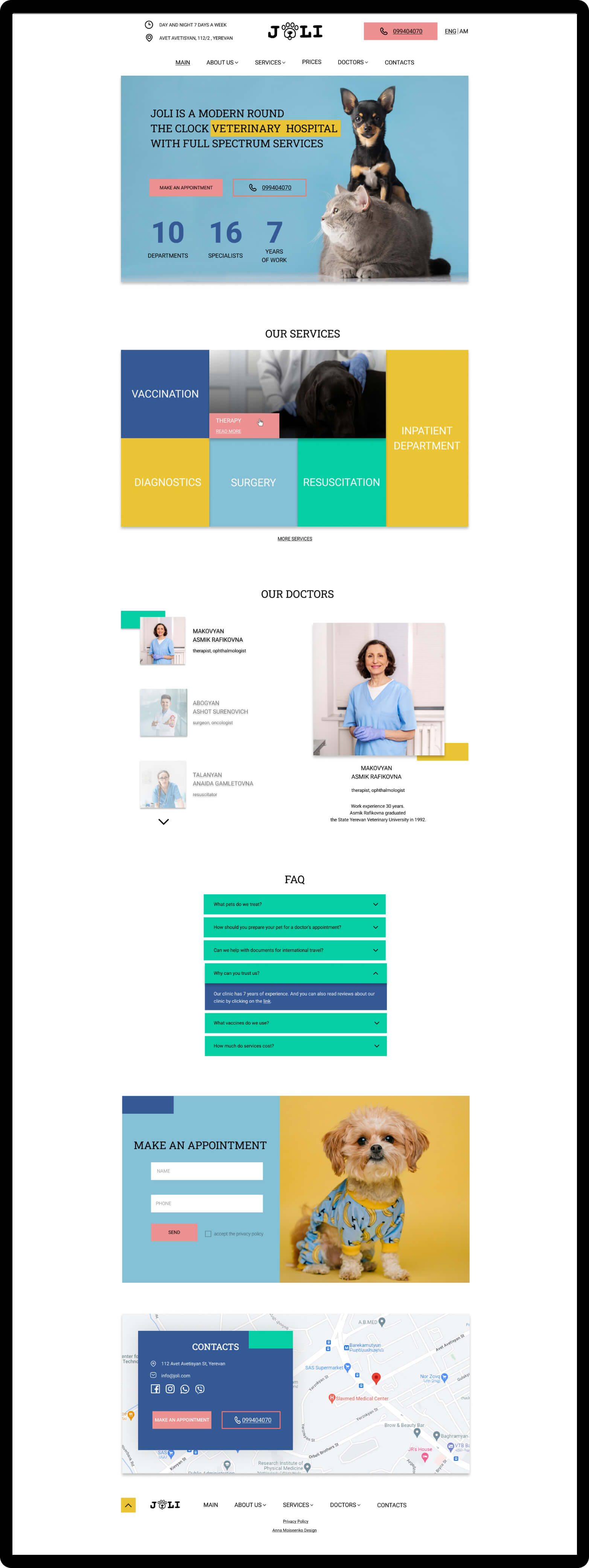Мокап дизайна сайта ветеринарной клиники, госпиталя Joly. Разработка сайта в Тильда и Фигма. Десктопная версия.