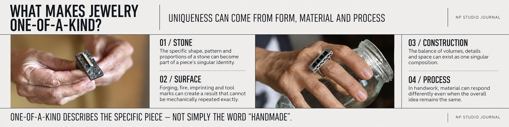 Infographic explaining what makes jewelry one of a kind: stone, handmade surface, construction and process.