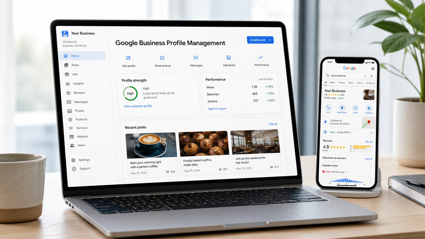 Google Business Profile Management dashboard shown on a laptop with a business profile listing open on a smartphone beside it.