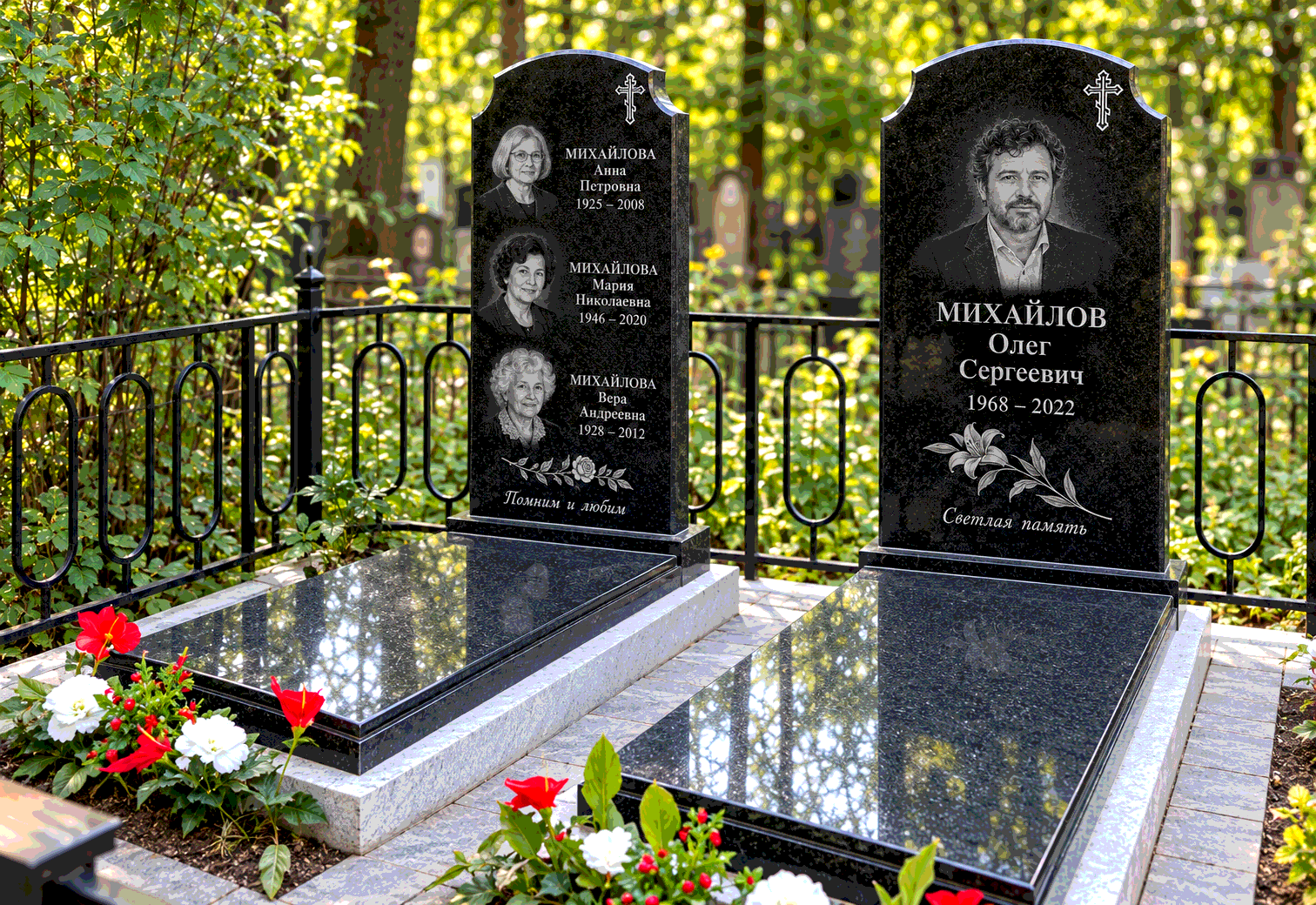 Парные стелы с закрытыми плитами после установки на участке. Имена, даты и портреты изменены.