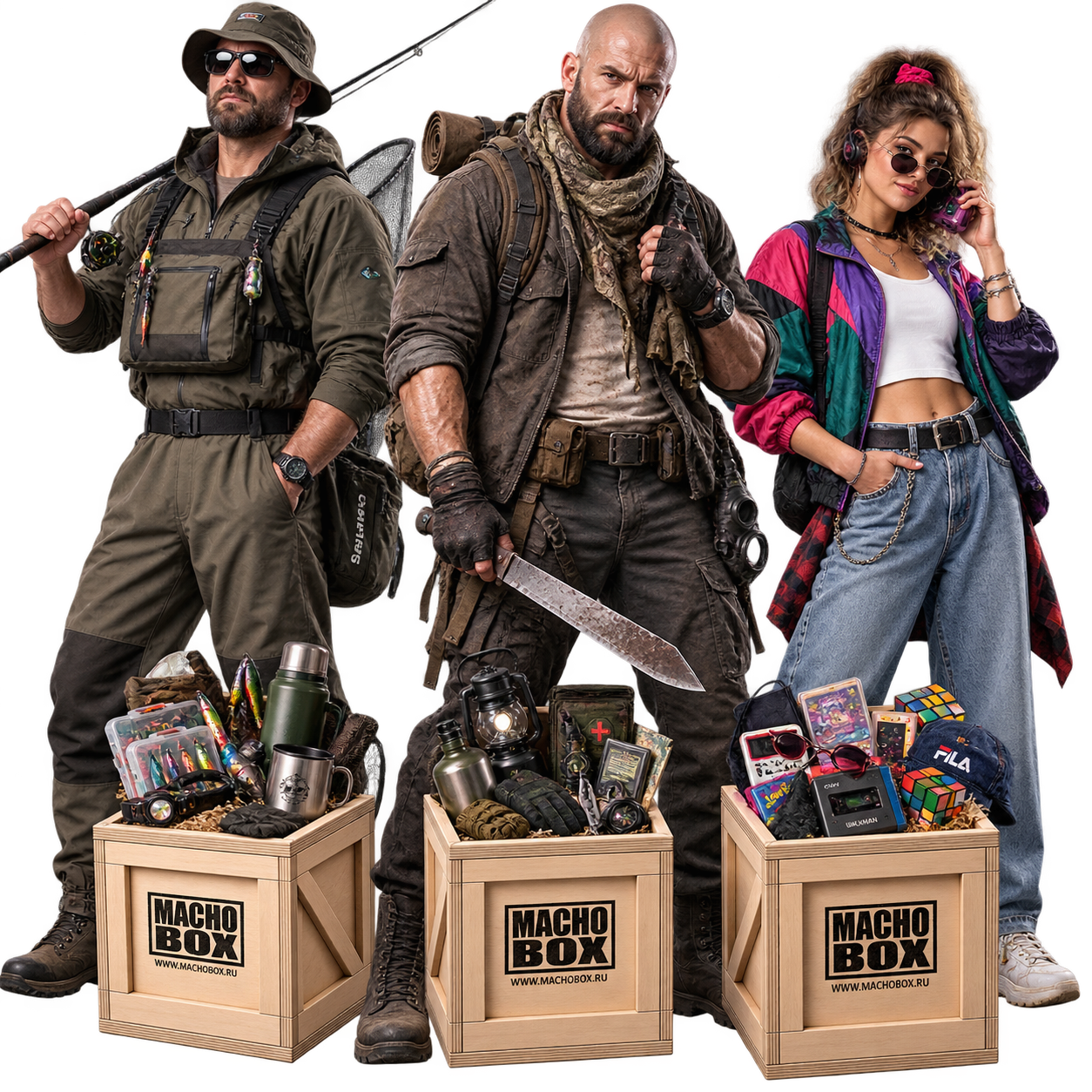 Три тематических образа MACHO BOX — рыбалка, выживание и стиль 90-х — с деревянными подарочными ящиками