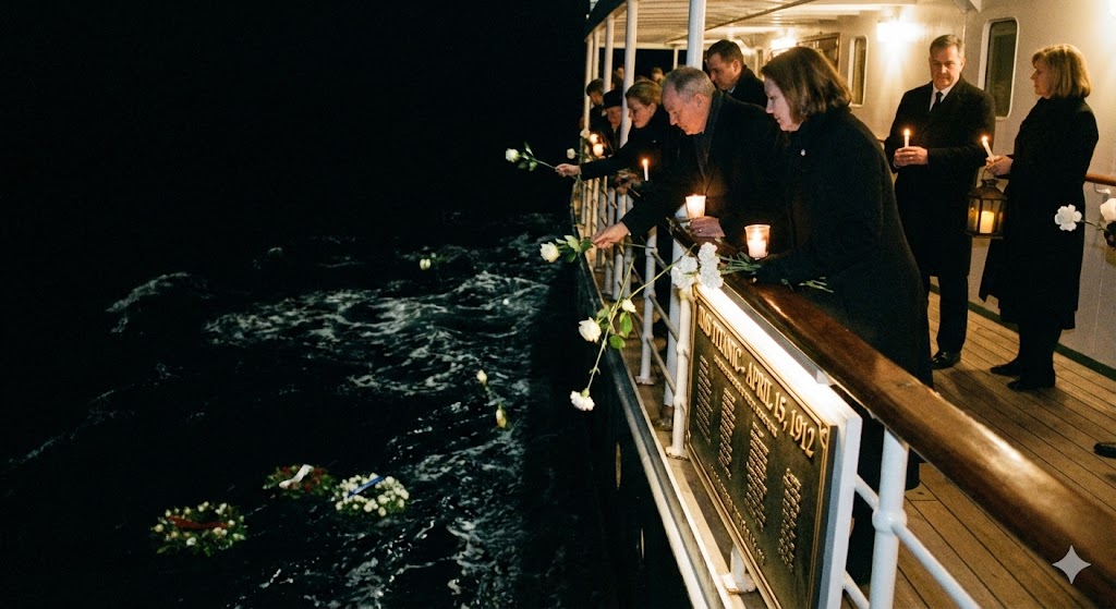 Церемония возложения цветов в океан в память о погибших на Титанике. 
