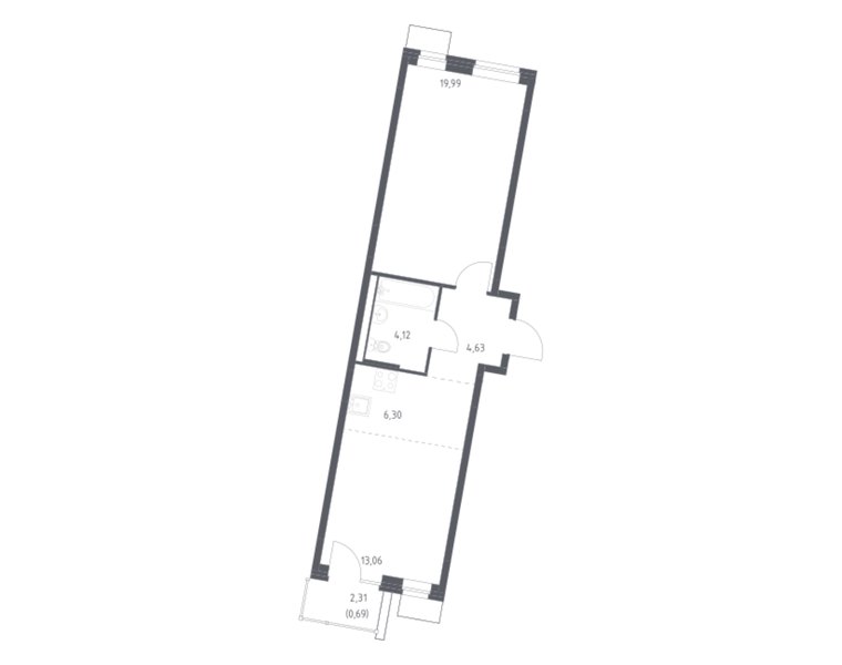 Планировка 1-комнатной квартиры 48,79 м² в ЖК «Квартал Западный»: корпус 6, секция 3, 8-й этаж