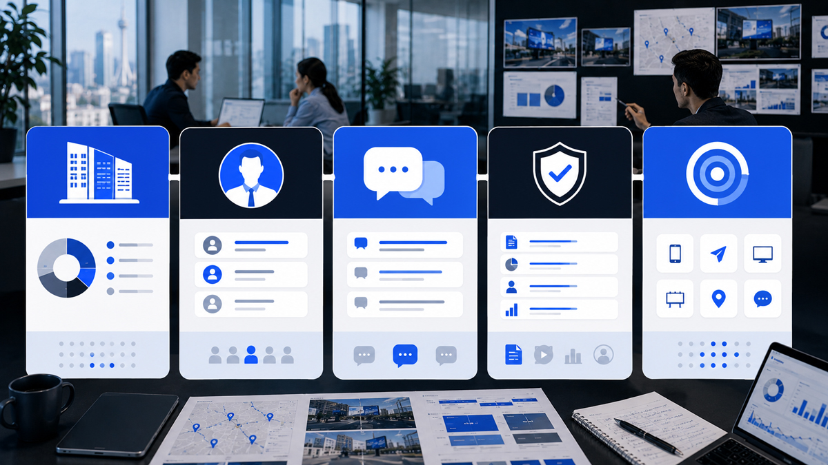 Пять связанных элементов карты аудитории B2B-кампании в сине-серой редакционной композиции