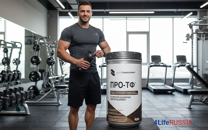 Спортсмен в зале рядом с банкой 4Life PRO-TF — протеиновая смесь для восстановления после тренировки и добора белка