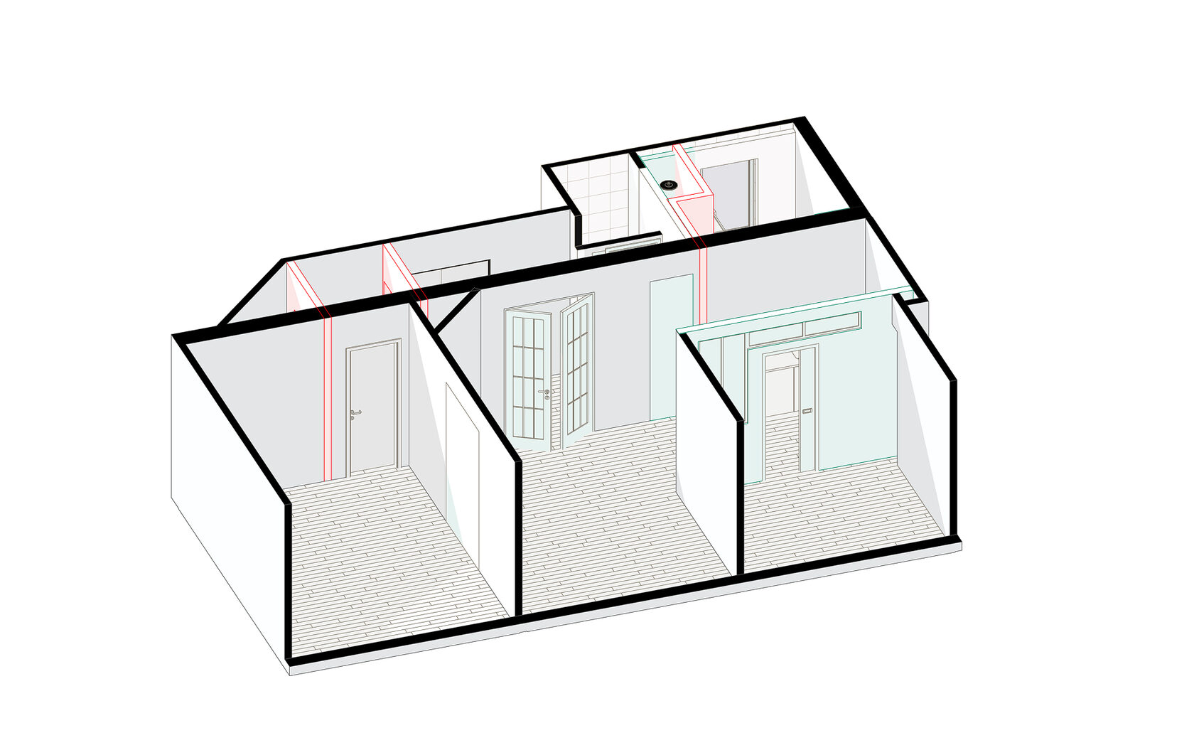 Réaménagement de l’appartement : suppression des cloisons inutiles dans le couloir pour ouvrir l’espace et création d’une petite pièce délimitée par des cloisons vitrées transparentes