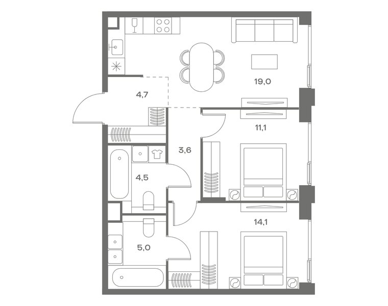 Планировка квартиры с 2 спальнями 62 м² в ЖК Soul: корпус 9, секция 12, 23-й этаж