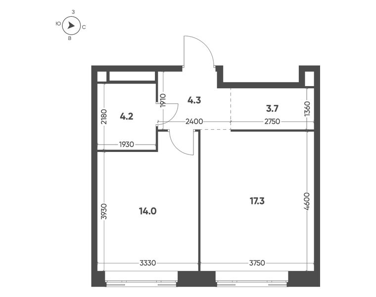 Планировка: 1-комнатная квартира 43,5 м² в ЖК «Мариин Парк», секция 1.1, 2-й этаж