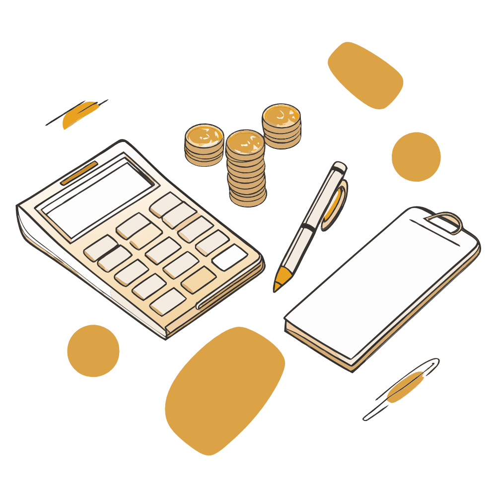 Минималистичная иллюстрация финансовых предметов, включая калькулятор, монеты, ручку и планшет, с абстрактными жёлтыми фигурами, символизирующая финансовое планирование