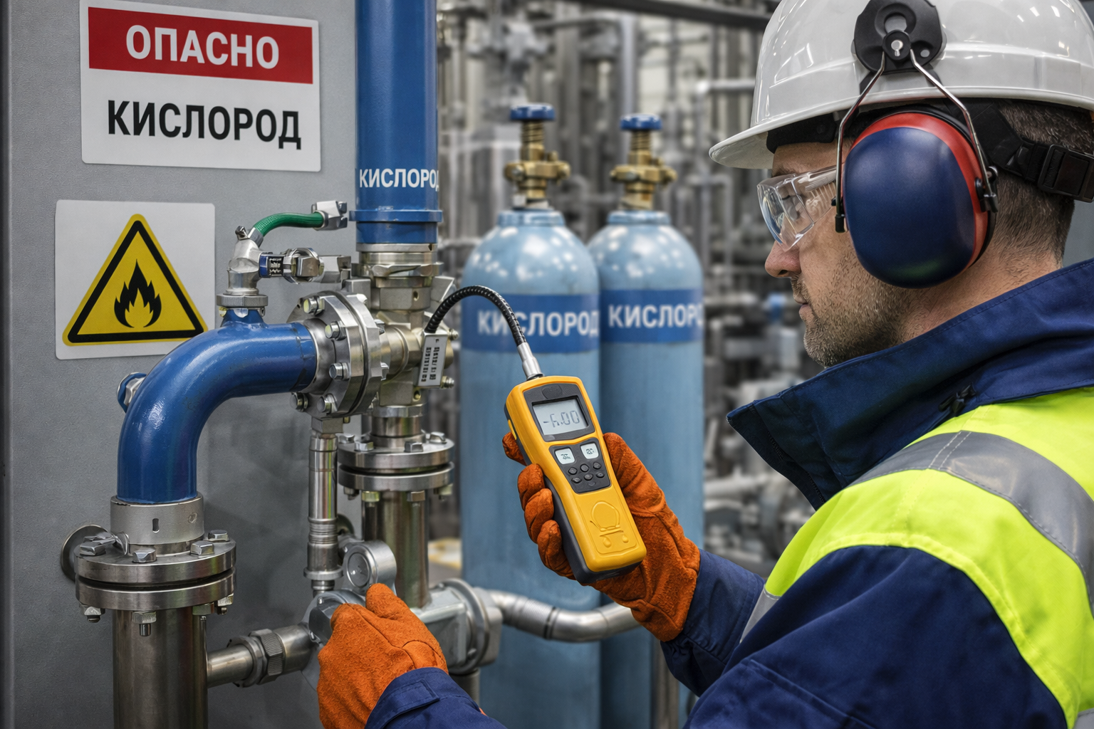 Техник проверяет кислородный трубопровод на утечки — обнаружение утечек кислорода в производственной системе