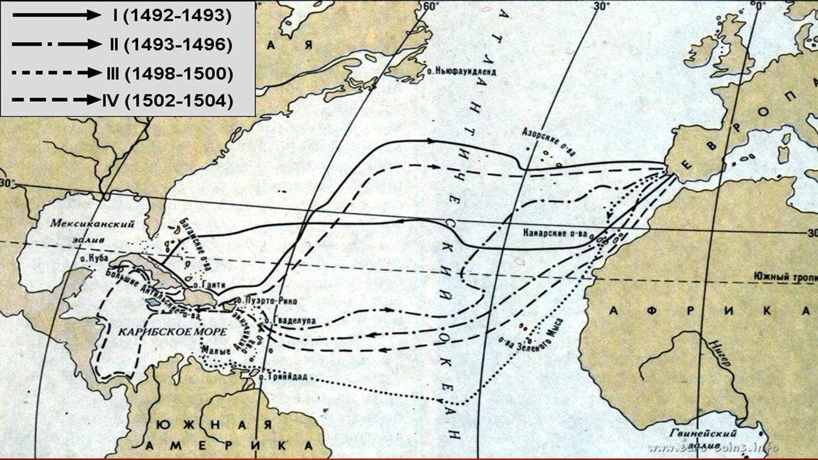 Карта маршрута путешествий Христофора Колумба в 1492–1504 годах, открытие Америки