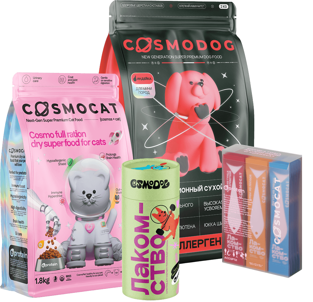 Продукция Cosmopet: сухой корм Cosmodog для собак, сухой корм Cosmoсat для кошек, лакомство для собак и ассорти для кошек и котов