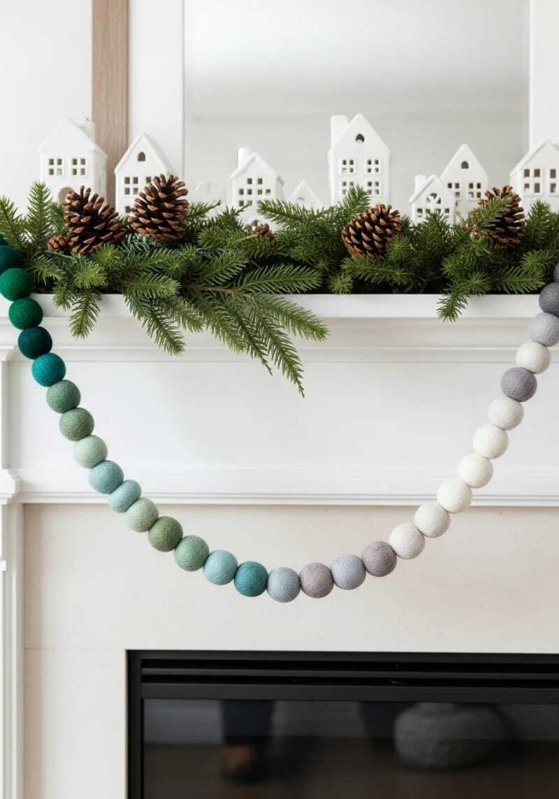 Гирлянда из шерстяных шариков с эффектом омбре, переходящим от сосново-зеленого к снежно-белому цвету.
