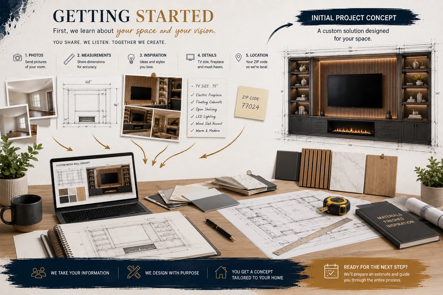 Designer workspace showing how a custom wall project begins with room photos, wall measurements, inspiration images, architectural drawings, material samples, and an initial design concept prepared for a Houston homeowner.