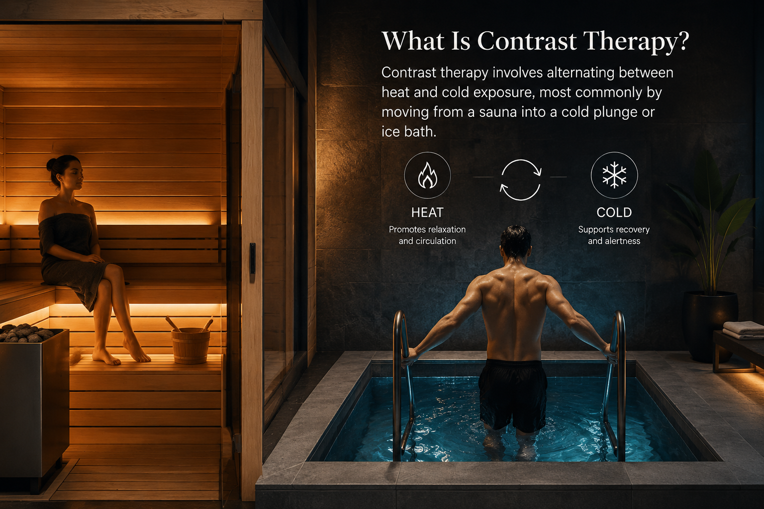  Premium outdoor sauna and cold plunge illustrating contrast therapy, where alternating heat and cold exposure supports recovery, circulation and overall wellness.