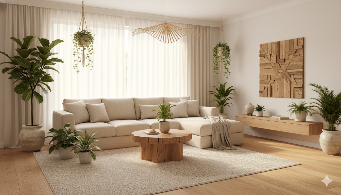 Светлая гостиная в экостиле с живыми растениями и деревянной мебелью
