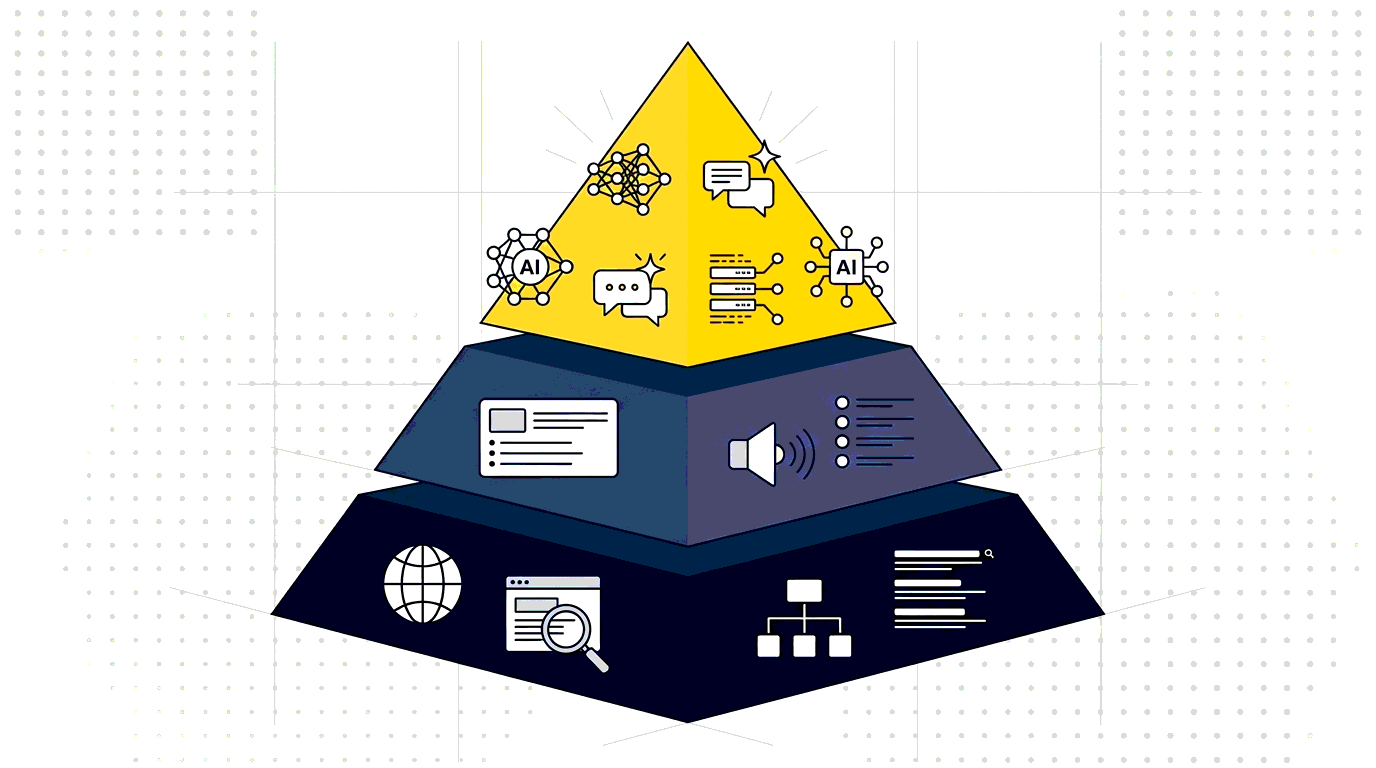 A flat editorial illustration of a three-layer infrastructure stack showing SEO, AEO, and GEO layers building on top of each other.