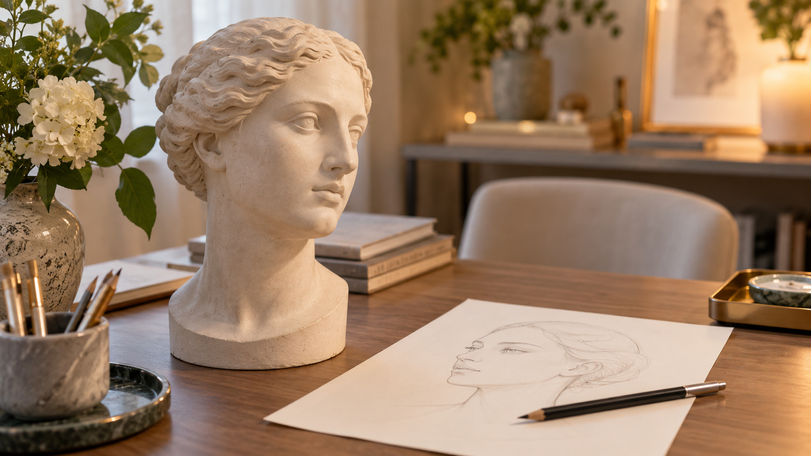 Скульптурный портрет и рисунок профиля на столе