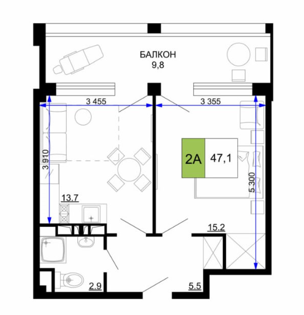 Планировка 2-комнатный 47,1 м²