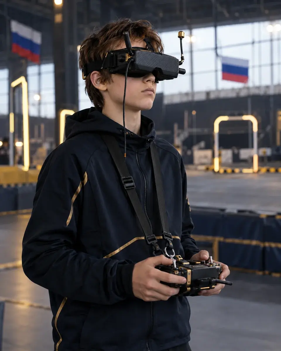 Подросток управляет FPV-дроном в очках пилота