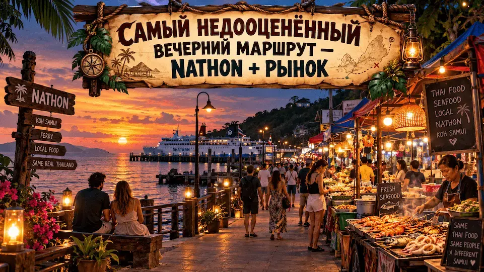 Вечерний маршрут по Nathon — закат, набережная и ночной рынок Самуи