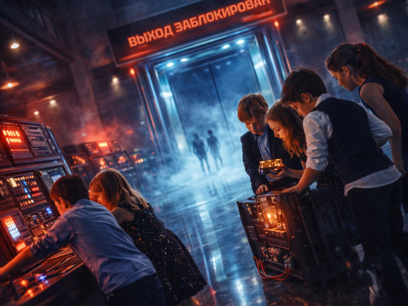 Дети проходят лазерную таможню на квесте для выпускного 4 класса в лофте