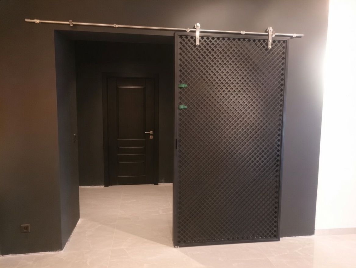 Элегантная раздвижная дверь в стиле лофт — сочетание индустриальной эстетики и современных технологий.  Видимые каретки из шлифованной нержавеющей стали создают эффектный акцент и подчёркивают конструктивную логику дизайна.  Створка, собранная на каркасе из стального уголка с заполнением стальной сеткой, сочетает прочность и визуальную лёгкость.  Высококачественное порошковое покрытие не только украшает, но и надёжно защищает металл, обеспечивая безупречную эксплуатацию в течение многих лет.