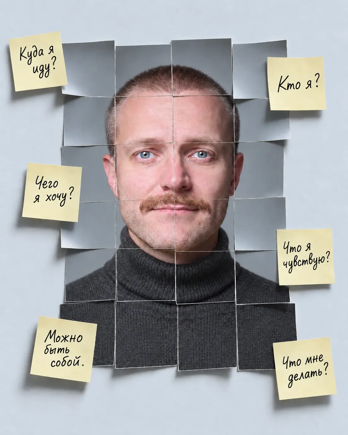 Портрет Никиты Гегина из фотографических фрагментов. На стикерах: Кто я? Чего я хочу? Что я чувствую? Куда я иду? Что мне делать? С тобой всё в порядке.